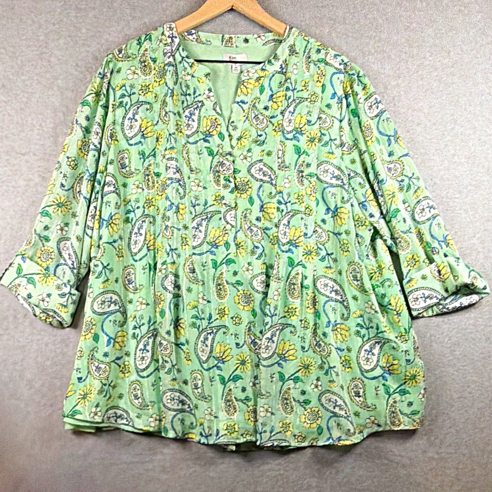 Kim Rogers Lightweight Pleated V-Neck Paisley Blouse 3/4 Sleeve - 2X